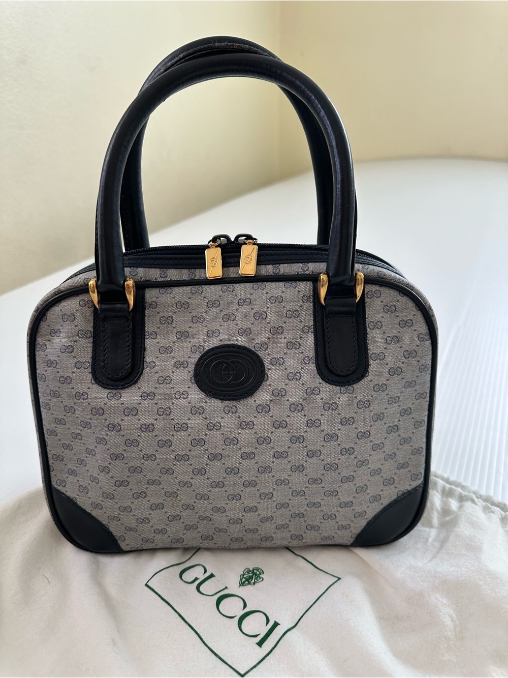 Authenticated Gucci Vintage Micro GG Logo Bowling Bag Navy Top Handle